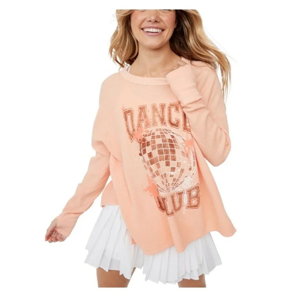 Offline by Aerie Dance Club Waffle textured Long Sleeve T Shirt  Peach